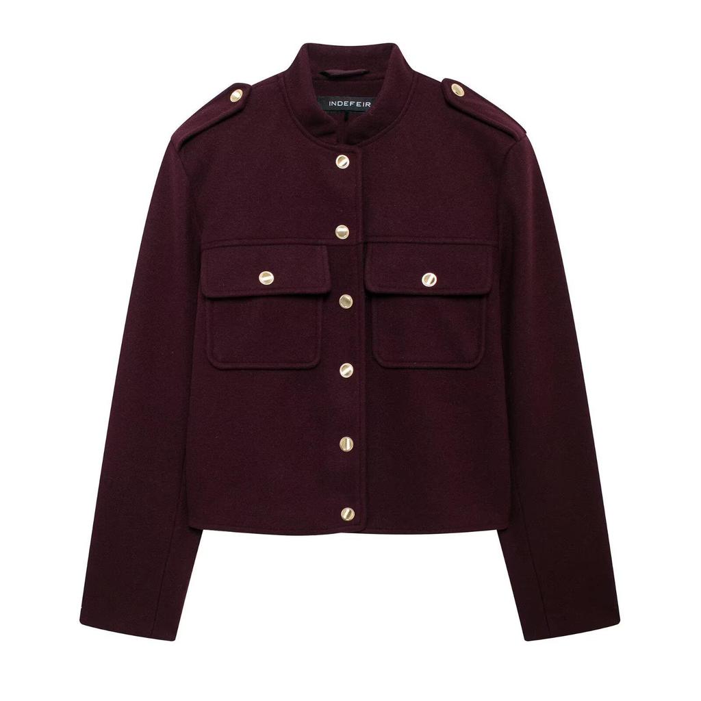 European and American Women's Retro Stand Collar Double-Breasted Short Jacket