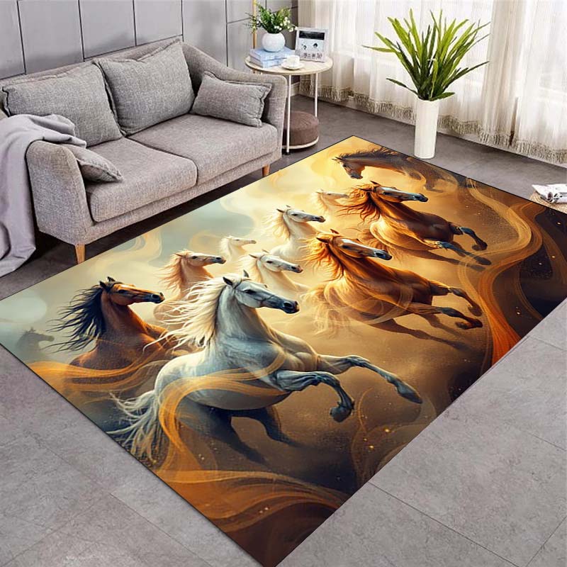 Magical Eight Running Horses Golden Smoke Print Area Rug Wildlife Animal Non‑Slip Rectangular Floor Mat Horse Lover Bedroom Home Decor Rug
