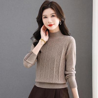 Women's Half-High Neck Loose Cable Knit Pullover Sweater for Autumn and Winter
