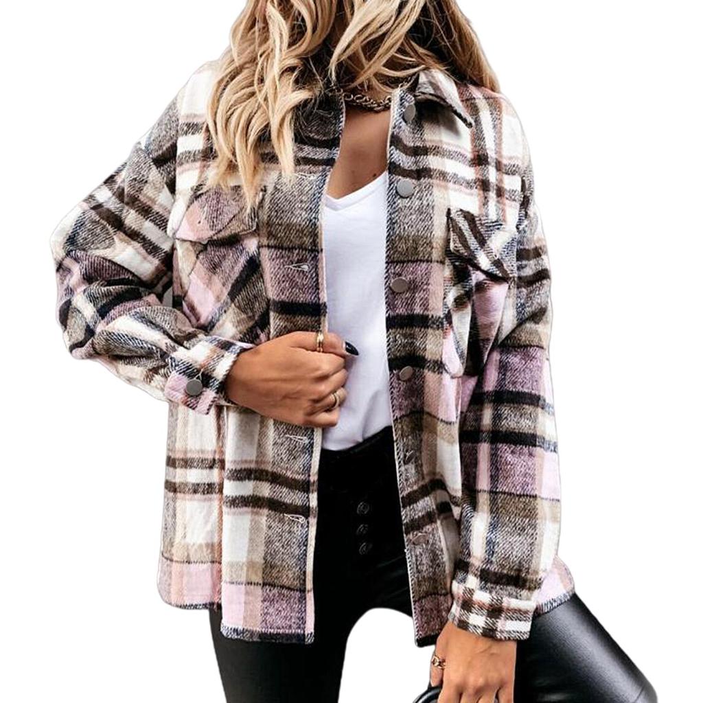 Buy Women Autumn Turn Down Collar Long Sleeve Buttons Plaid Shirt Coat