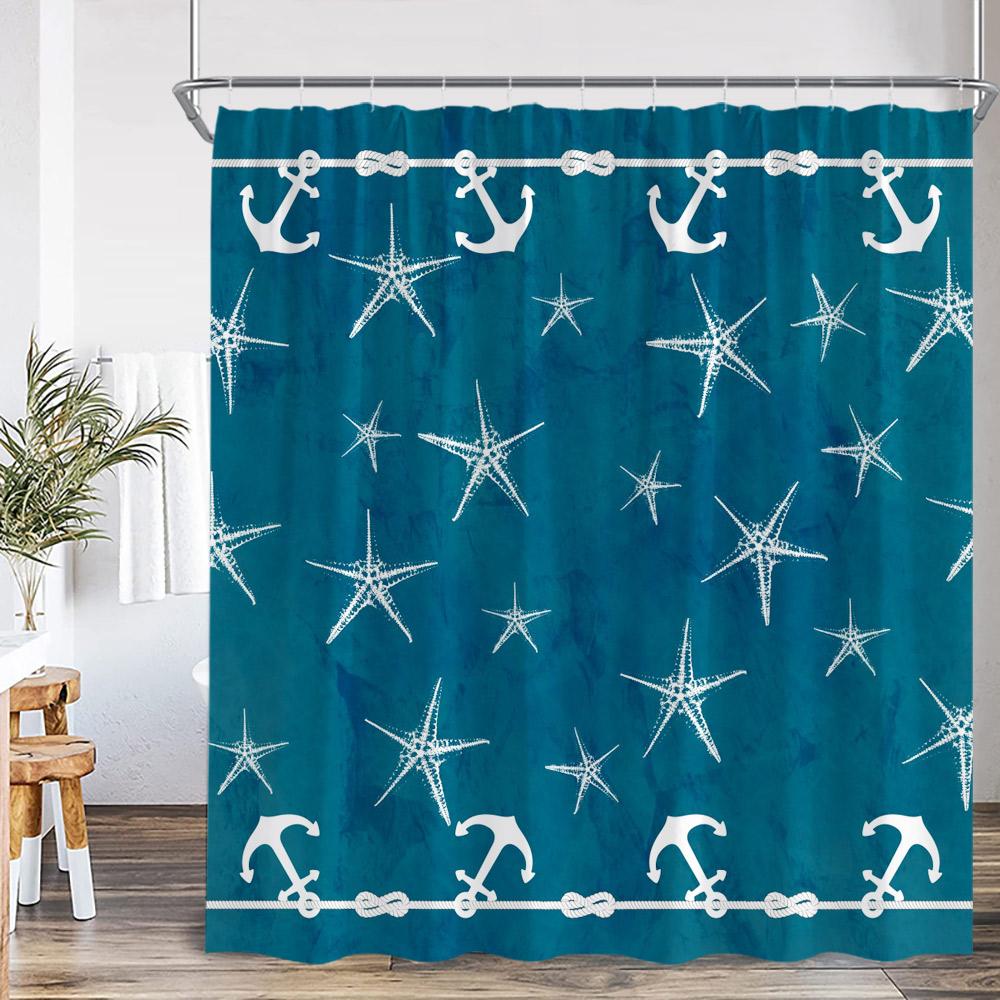 Nautical Marine Life Shower Curtain Anchor Sea Turtle Seastar Octopus Seashell Coral Ocean Summer Bathroom Curtain Decoration