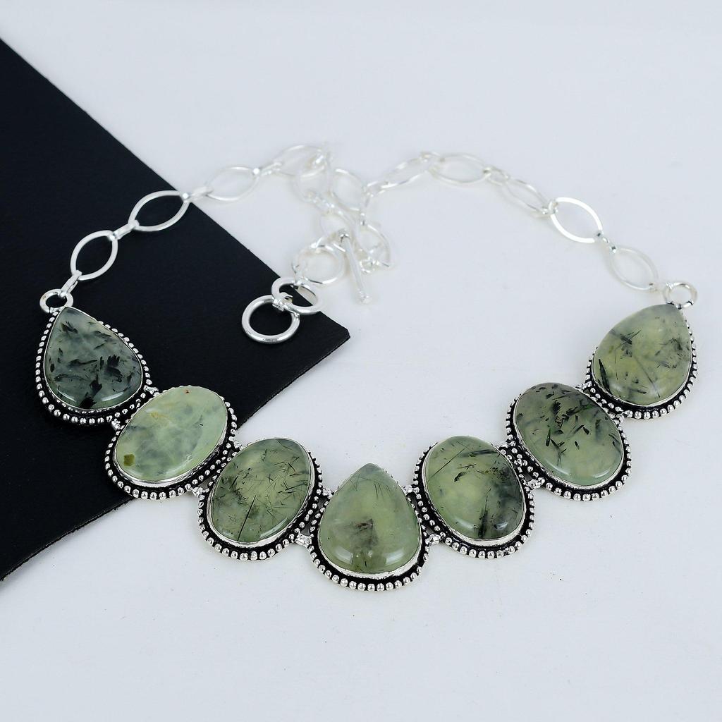 Wunderschöne Prehnit Edelstein Handgefertigte 925 Sterling Silber Halskette, Prehnit Silber Halskette für Ehefrau, Unisex Halskette, Weihnachtsgeschenk