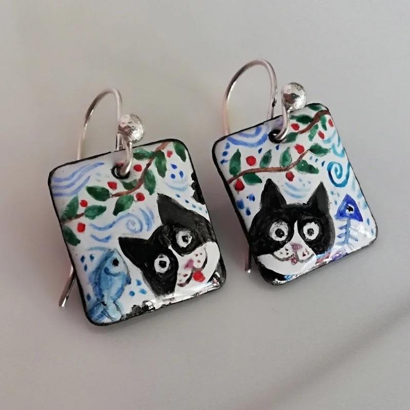 Cute Cat Enamel Square Dangle Drop Earrings For Women Simple Lovely Animal Earrings Daily Casual Commute Jewelry Idea Gifts