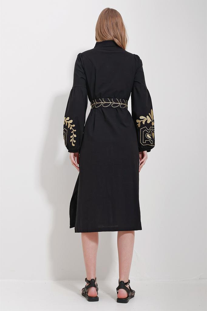 Women's Hijab Dress New Season Fashion Black Magnetic Collar Belted Double Slit Linen Dress