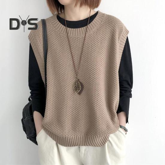 Women Knitted Vest Autumn Winter O Neck Solid Color Wavy Hem Warm Soft Loose Casual Female Ladies Waistcoat Sleeveless Top Knitwear