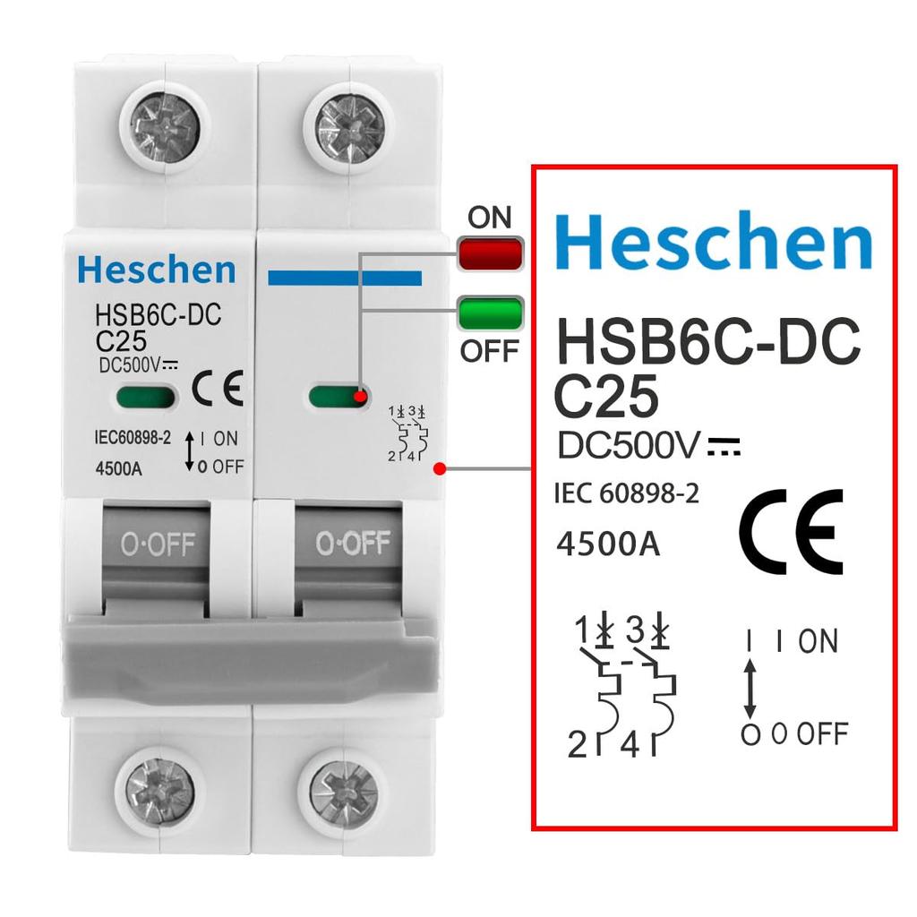 Heschen DC Miniature Circuit Breaker, HSB6C-DC, 2-Pole, DC500V 25A, for Solar Panel Controllers, 35mm DIN Rail Mounting, for PV Systems and Solar