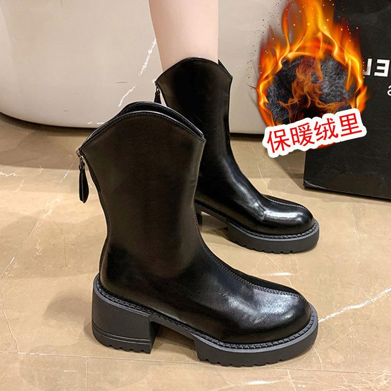 Martin boots matching pants women's new autumn and winter thick heel leather boots warm short boots thick-soled short boots women