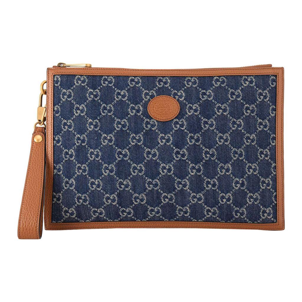 Gucci Double G Series Logo Interlocking Double G Emblem Denim And Leather Clutch Men clutch Blue Brown 672953-2KQGT-8375