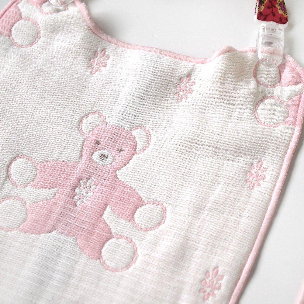 10mois SOULEIADO Soft Gauze Clip Handkerchief Bib Set Mon Nounours Pink (Dimowa) - (6-layer Gauze) & 3-piece