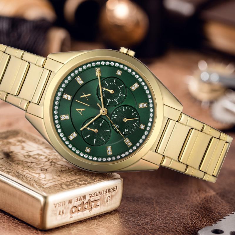 Armani Exchange AE Armbanduhr Quarzwerk Edelstahlarmband Grünes Zifferblatt Damenuhr AX5661