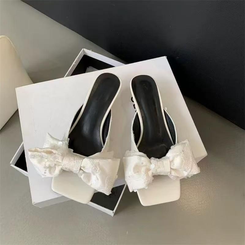 Fashion New Chinese Style Printed Bow, Square Head, Thin Heel, Middle Heel, Cool Drag High Heels
