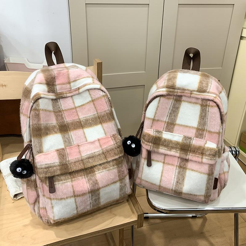 Vlněný kostkovaný studentský školní batoh s velkou kapacitou dámský batoh