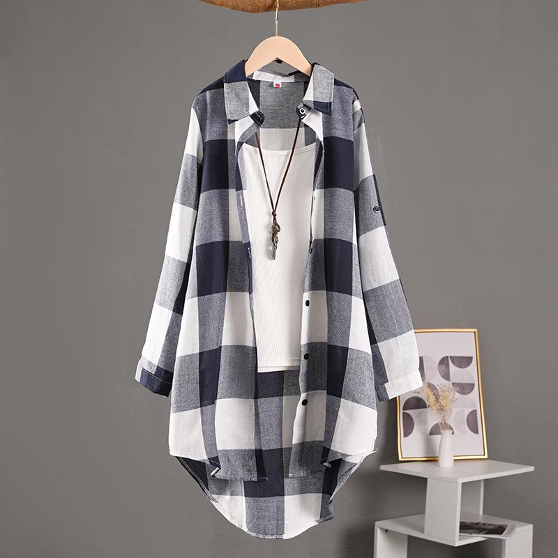 Women's Plaid Long Sleeve Sun Protection Shirt – Loose, Plus Size, Cotton Linen Jacket