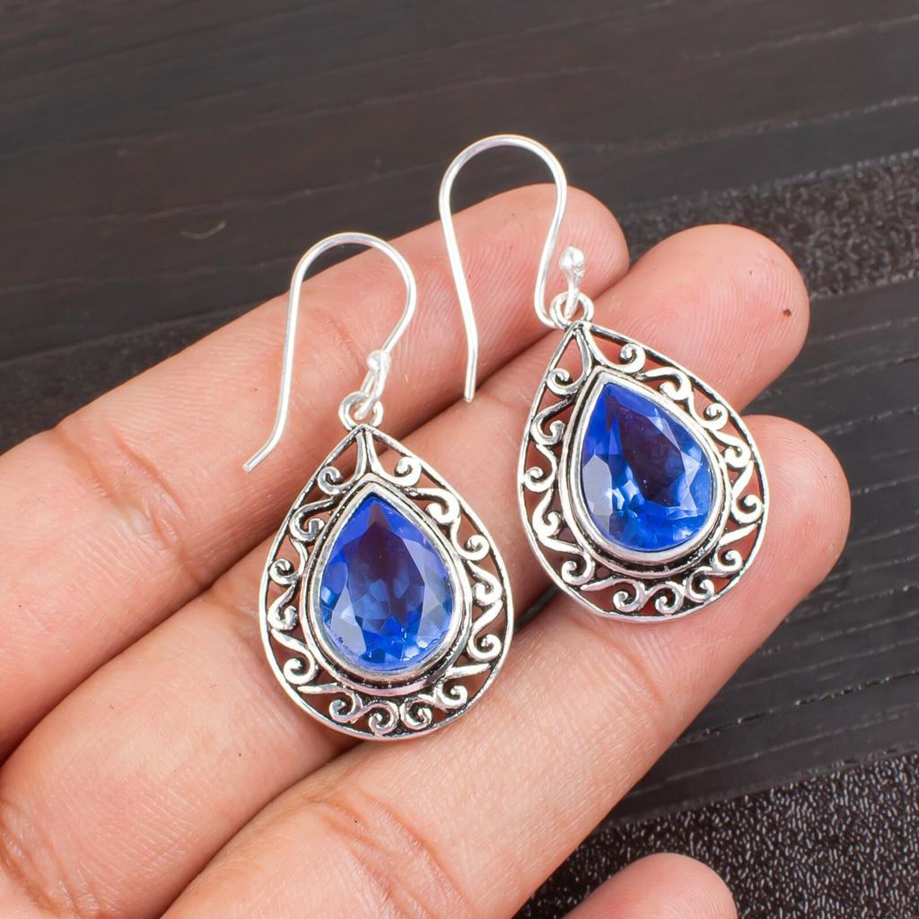 Natural Tanzanite Gemstone 925 Sterling Silver Jewelry Handmade Earrings 1.72" CE-4-6