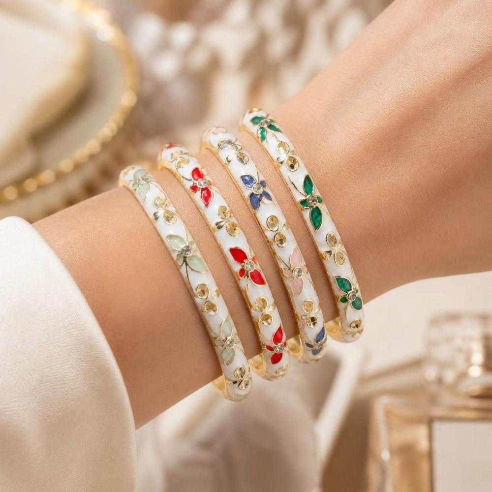 Elegant Open Cuff Bracelet Chinese Style Women's Floral Bracelet Enamel Flower Bangle Bride