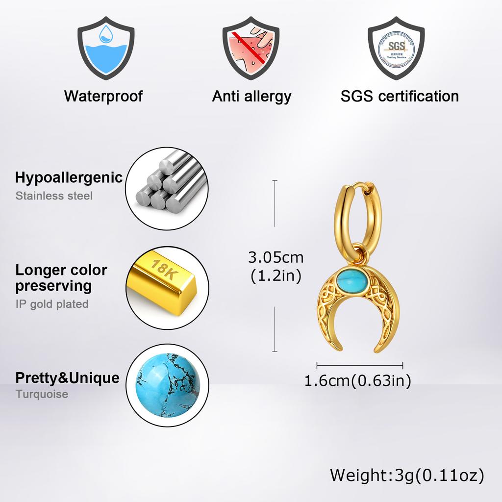 Vnox Vintage Stainless Steel Moon Earrings for Women Men, Unisex Dangle Charm Earrings with Natural Turquoise Stone Ear Jewelry