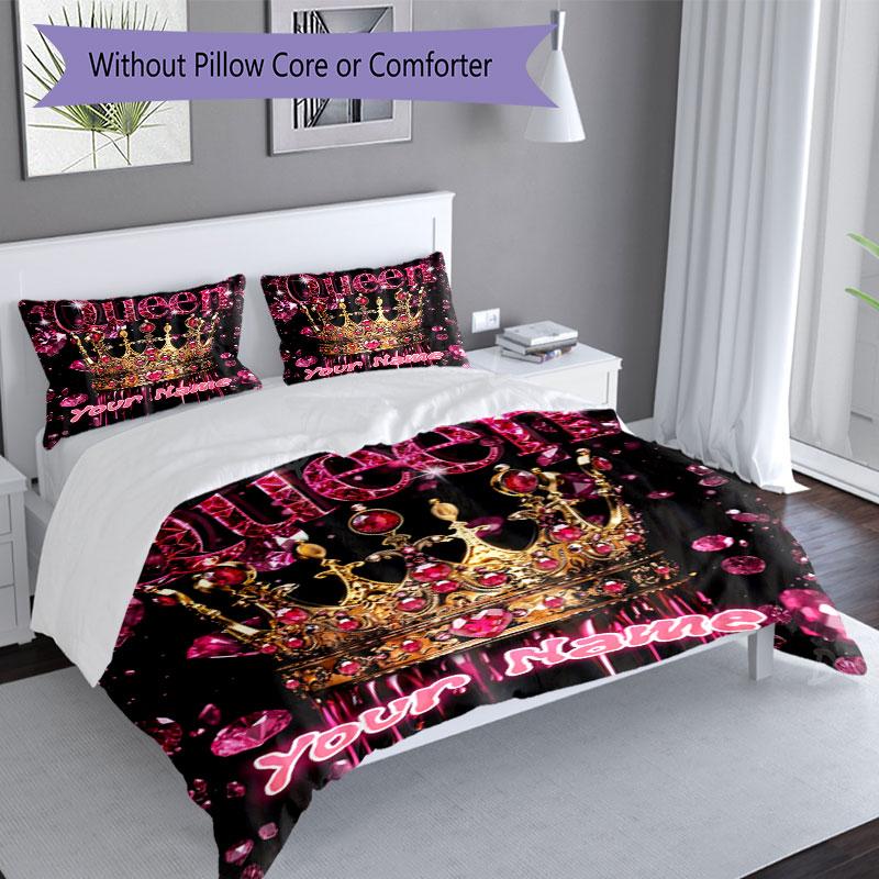 3PC Custom Name Royal Crown Glitter Bedding Set Printed Bedding Set Duvet Cover Closure Includes 1 Duvet Cover & 2 Pillowcases for All Seasons Bedroom