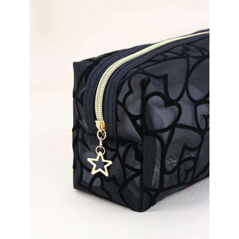 1pc Women Makeup Bag, Mesh Heart Flocked Decor, Fashionable & Minimalist Mesh Heart Design For Daily Use & Travel Makeup Travel Toiletry Organizer