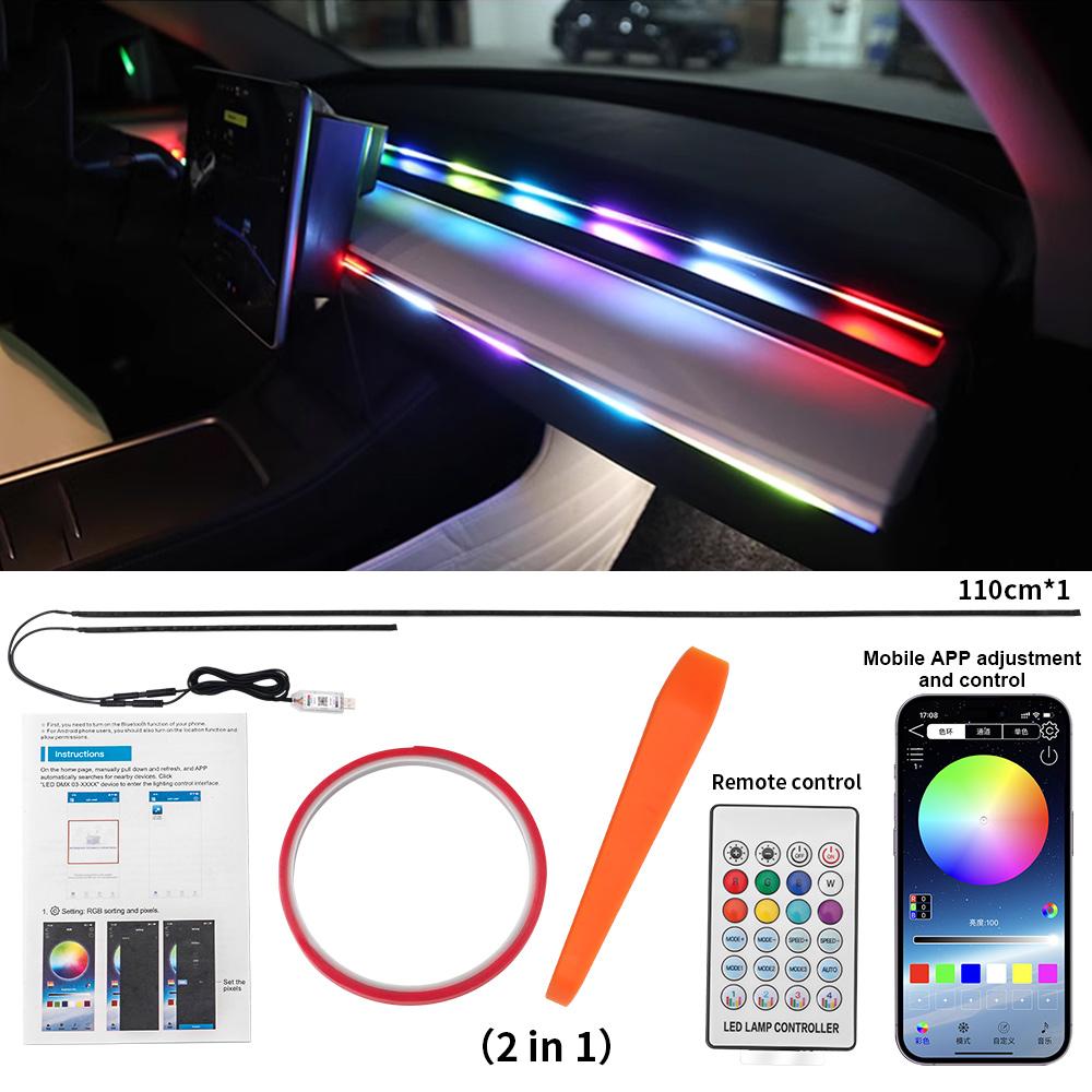 Car Ambient Lights Universal LED Symphony RGB Atmosphere Lamp 64 Colors Acrylic Strip APP Control Remote for Tesla Model 3 Y S X