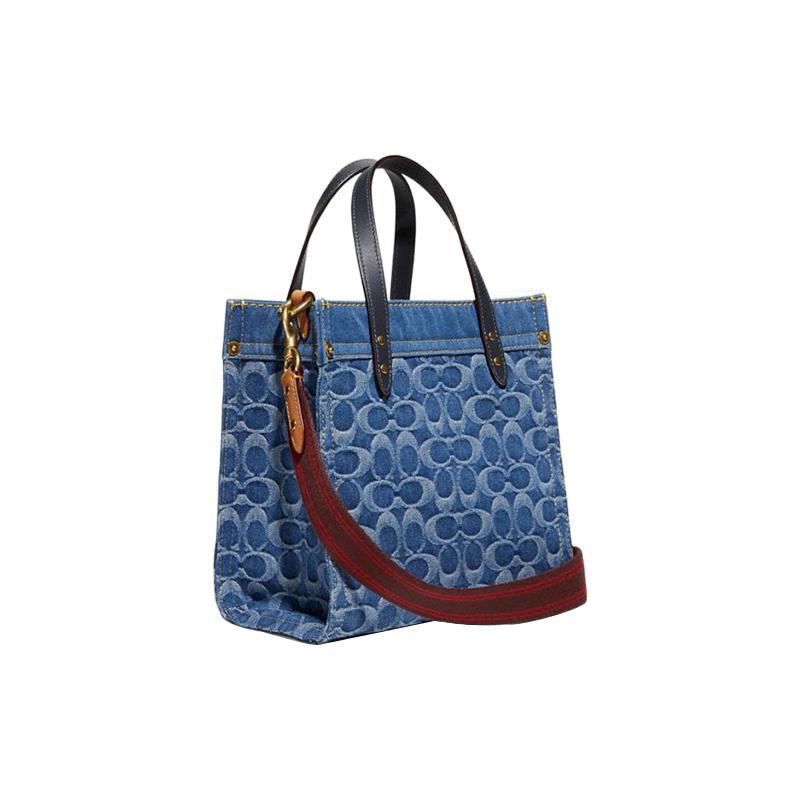 COACH Field 22 water ripple champagne denim fabric tote bag tote bag shopping bag hand crossbody shoulder bag medium size women's navy blue