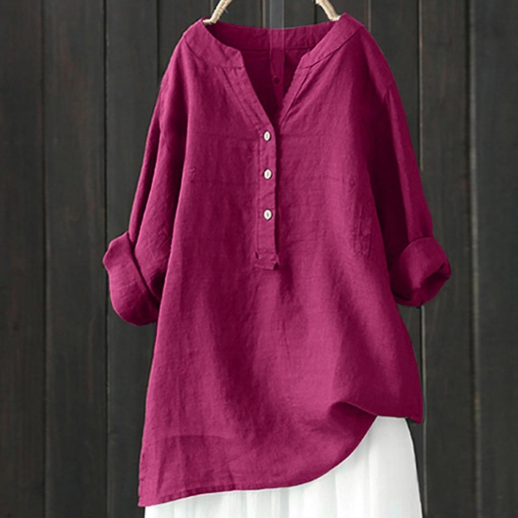 Women Cotton and Linen Top Button Down Blouse Ladies Tops Stand Collar Solid Women's Blouse Long Sleeve Casual Shirt Loose Tops