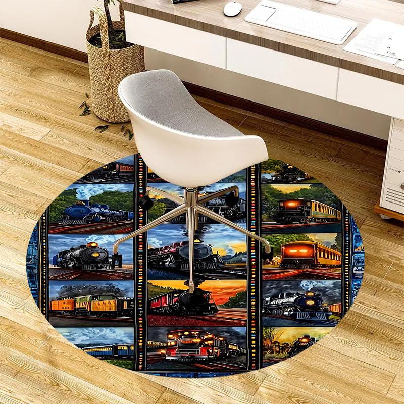 1PC Train Non-Slip Floor Round Carpet, Office, Family, Bedroom, Large Area Rug Indoor Rugs,  Durable PolyesterH0397