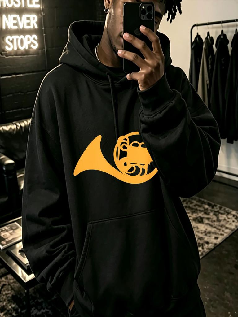 Casual Streetwear Style, Hoodie, Orange Trumpet Graphic Print, Autumn Winter Daily Wear, Gift for Music Lover Boyfriend