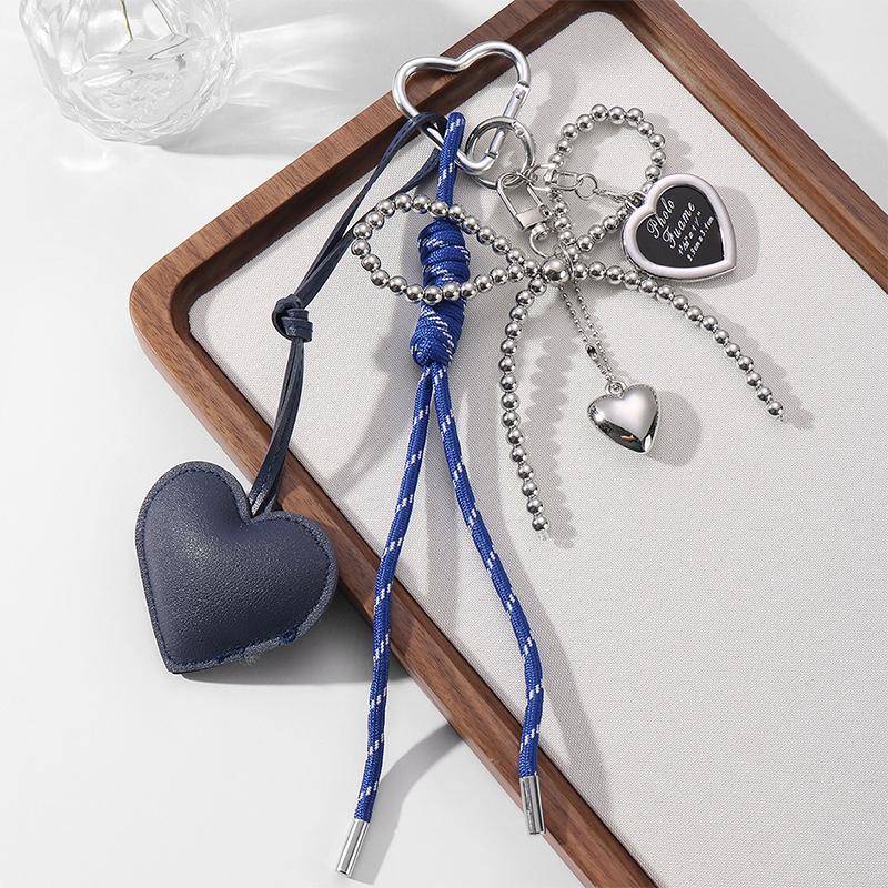 Korean Trendy Leather Heart Bow Keychain Delicate Beaded Keyring Car Key Holder Bag Pendant Decoration For Girls Gift