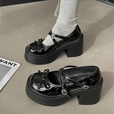 Fashion Women's Shoes Japanese JK Height Increasing French Leather Shoes 2024 Autumn New Bow Tie Thick High Heels Mary Jane Single Shoes