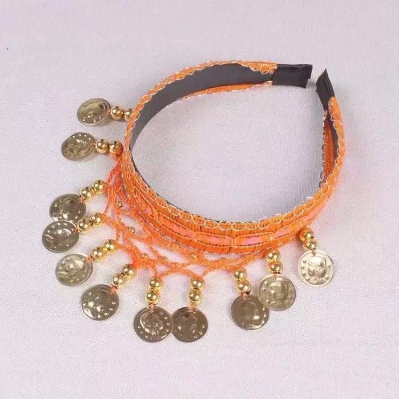 Ethnic Retro Belly Dance Headband With Red Sequin Coin Fringe Personalized Decorative Headpiece For Dance Performances