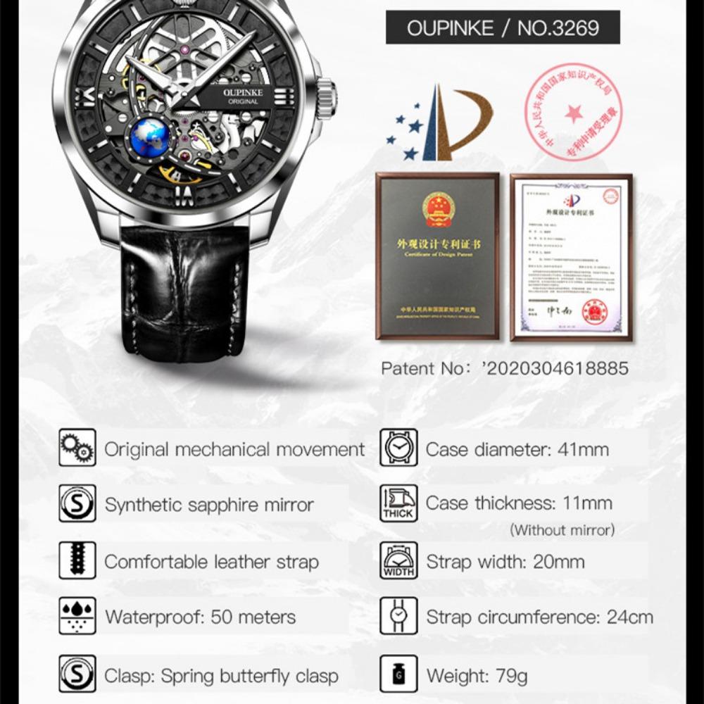OUPINKE Men's Watch Automatic Mechanical Watch Hollow Business Waterproof Mechanical High-end Watch