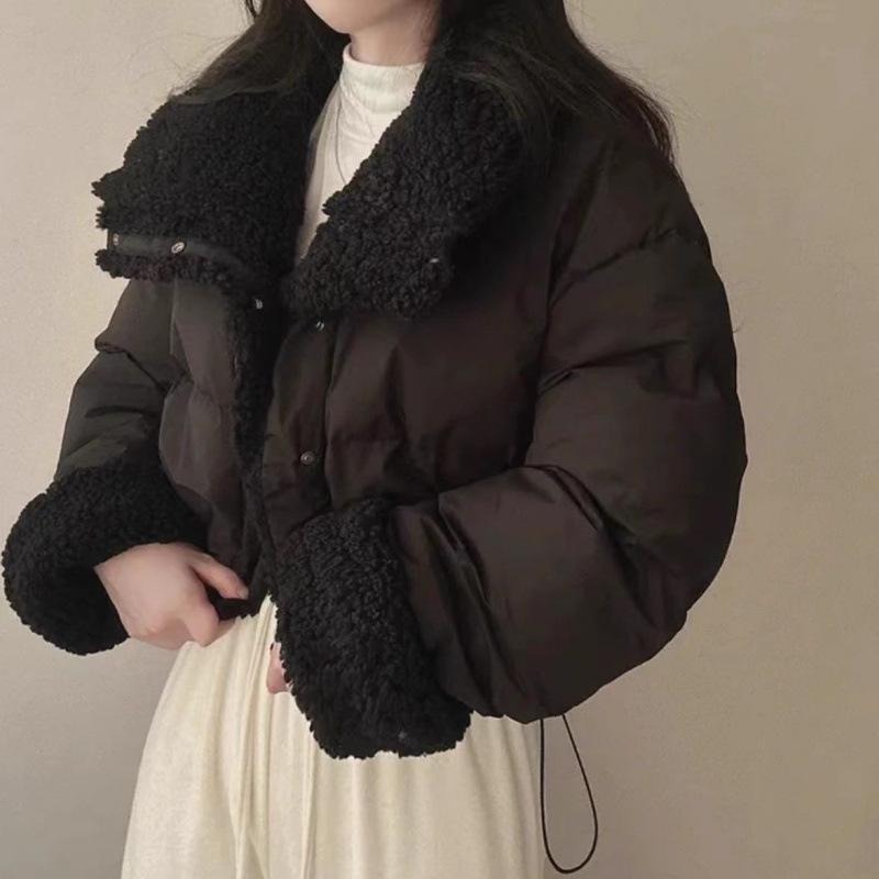 Women's Double-Sided Lambswool Cotton Puffer Jacket - Short Lapel, Loose Fit, Korean Style, Long Sleeve Winter Coat