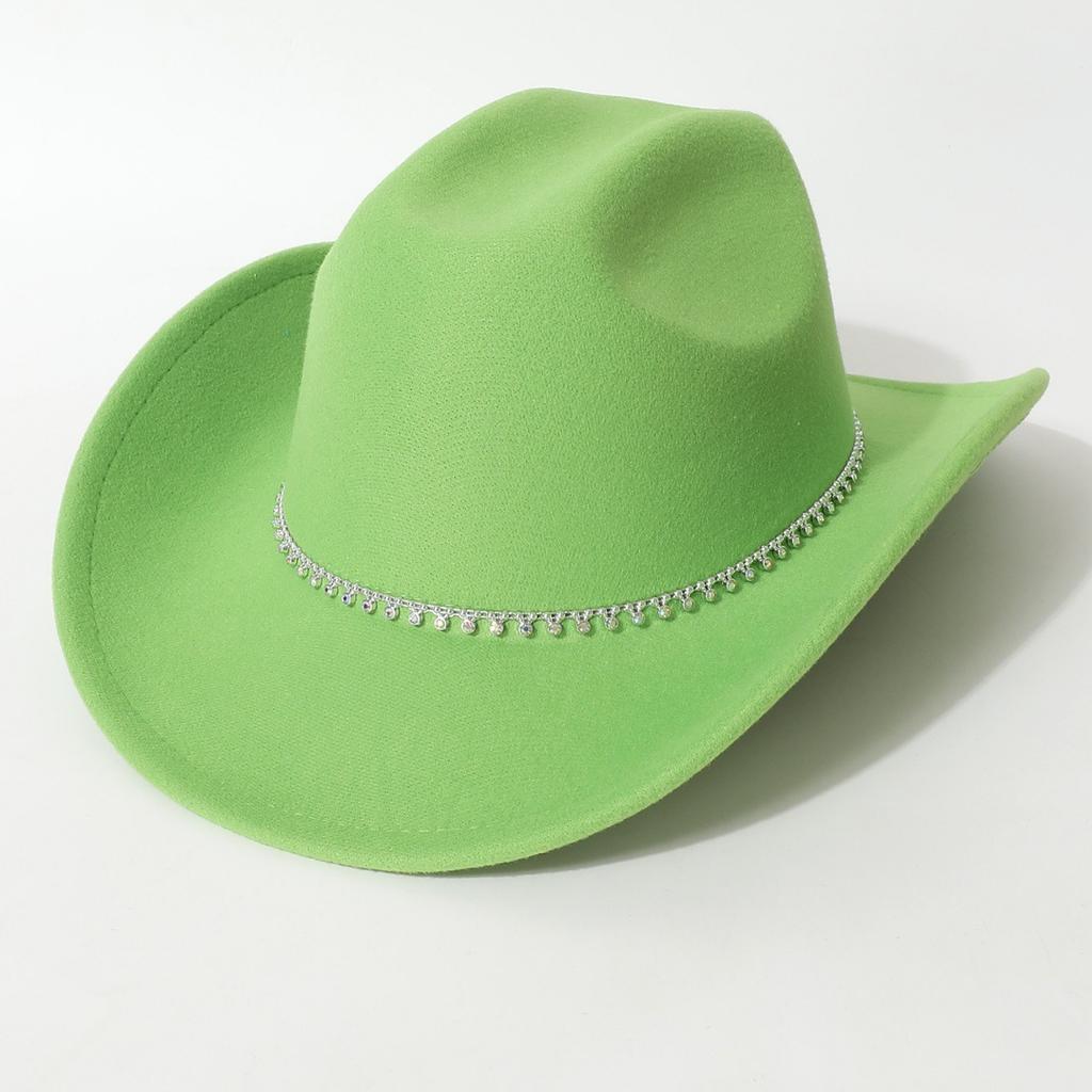 New European and American style flat-top woolen hat, western cowboy hat, unisex hat, equestrian hat with single row of rhinestones