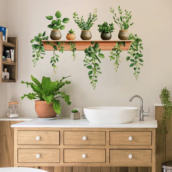 Potted Green Plant Shelf Wall Decal Tropical Plants Green Leaves Wall Stickers Removable Wall Art Murals for Living Room Bedroom Kitchen Office