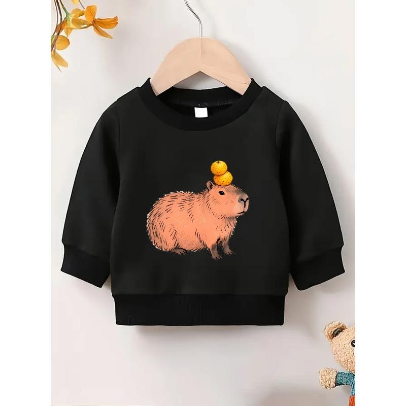 European sizes Cute Orange Fruit Capybara Print Spring Thin Round Neck Sweatshirt 0-3 Years Comfortable Outdoor Outfit Design Highlight