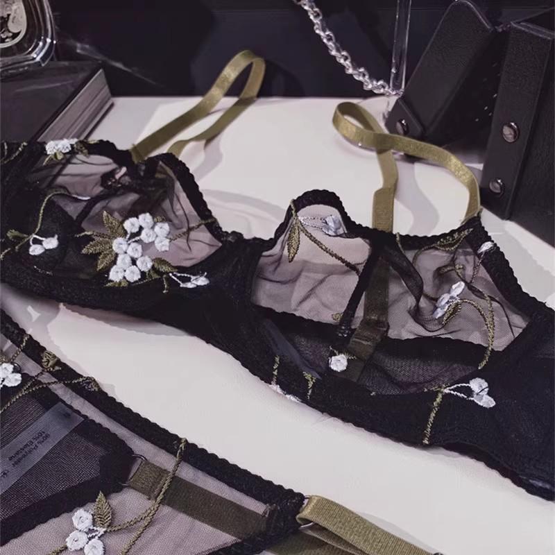 Conjunto de sujetador sexy de encaje francés con bordado: Diseño Adelgazante Transparente para Pechos Grandes o Pequeños, Reduce la Grasa Lateral, Efecto Recogido Ultradelgado