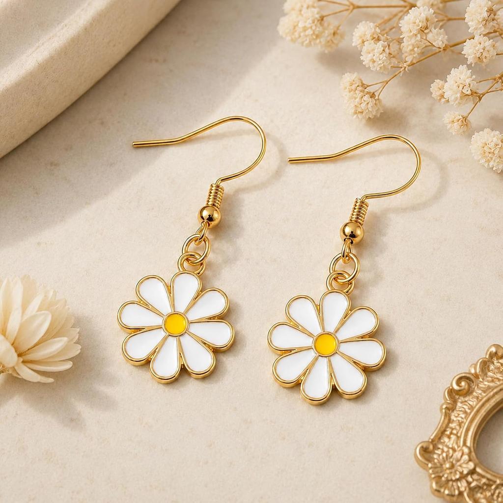 Daisy Flower Earrings for Women Daisy Flower Dangle Earring Cute Daisies Small Dangle Drop Earrings Sunflower Earring Gold-Tone Minimal Vintage