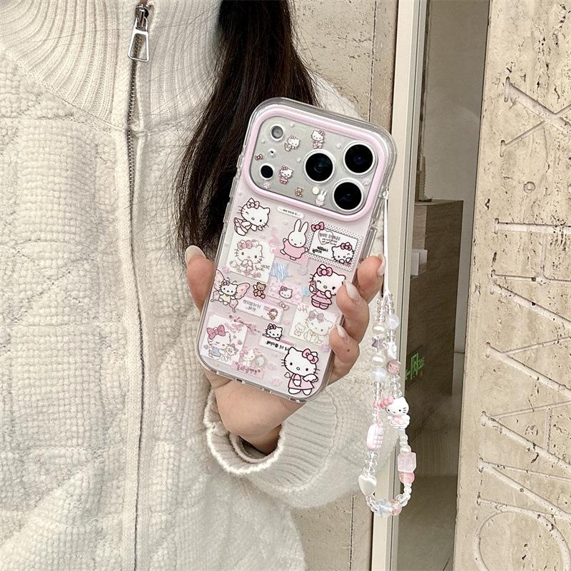 Retro Angel Cat & Rabbit Chain iPhone Case for 17 Pro Max/16 Pro Max/15 Pro - Girly Design