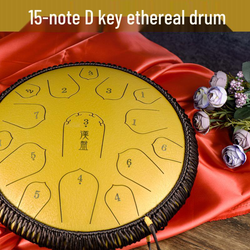 15-Note D Key Handpan Steel Tongue Drum, 14-inch, with Colorful Empty Sanskrit Design