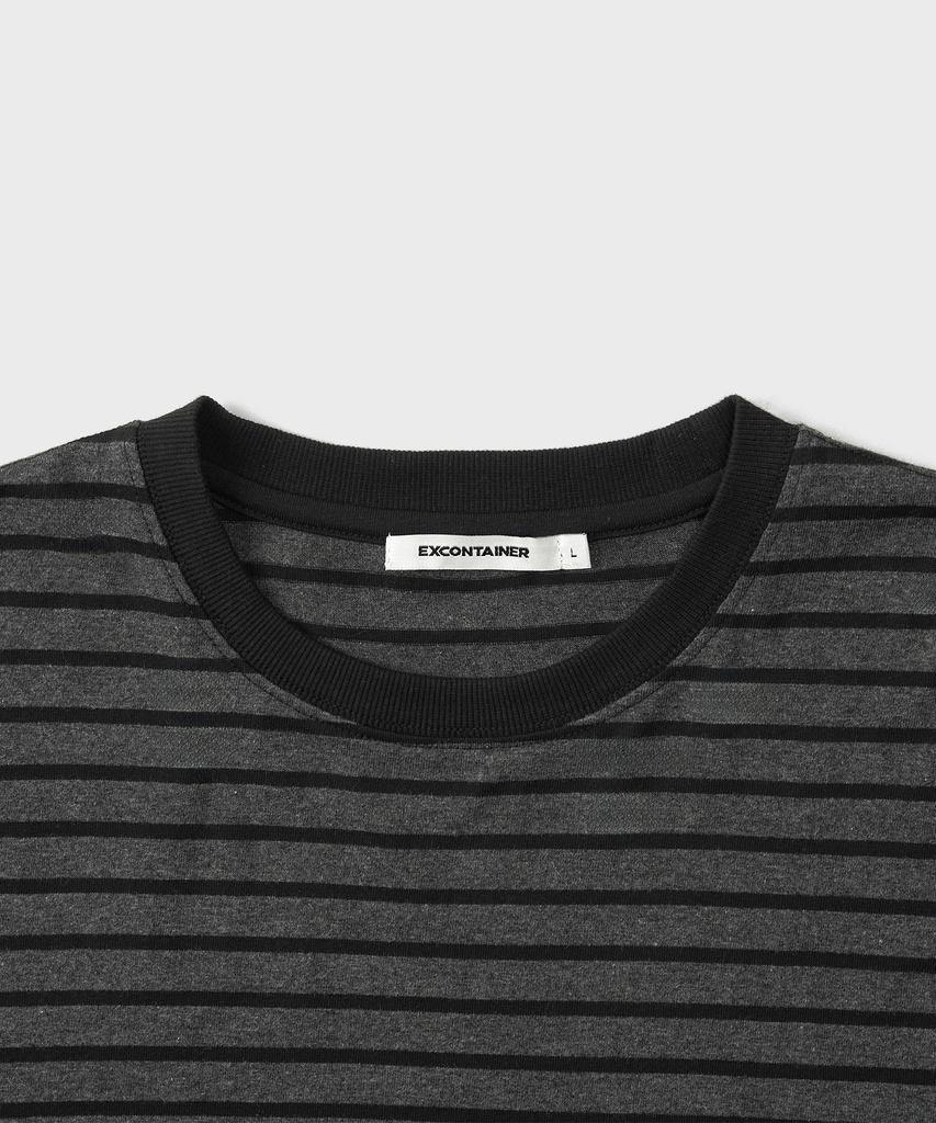 EXCONTAINER [Crop] Ribbed Stripe Half Ringer T-Shirt (Charcoal Grey)