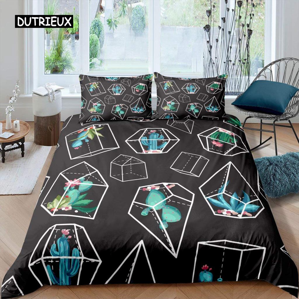 Cactus Duvet Cover Set King Size Hand Painted Style Bedding Set Nature Art Prints Comforter Cover Green Plant Cactus Quilt Cover