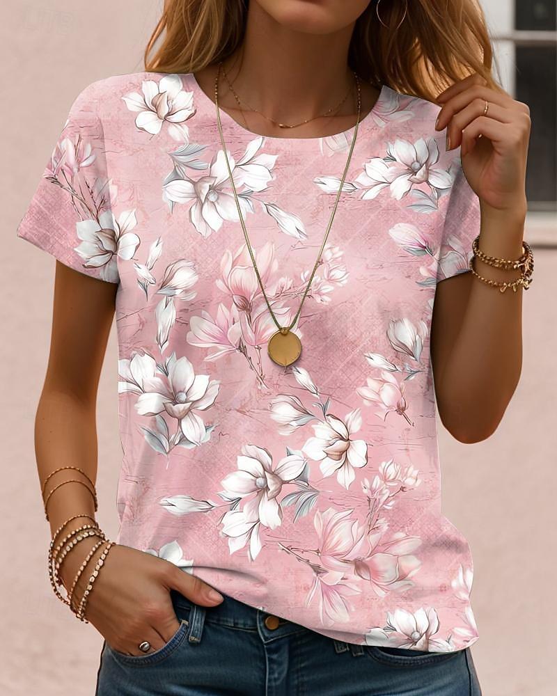 Floral Print Casual T Shirt Crew Neck Short Sleeve Tee For Women Summer Holiday Travel And Daily Outfits