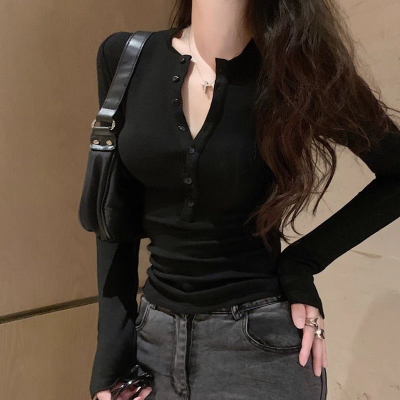 Deep V T-shirts Black Women Sexy Tees Long Sleeve Fashion Tops With Button Solid Casual