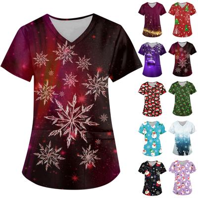 Moda feminina com decote em V manga curta workwear com bolsos tops estampados de natal