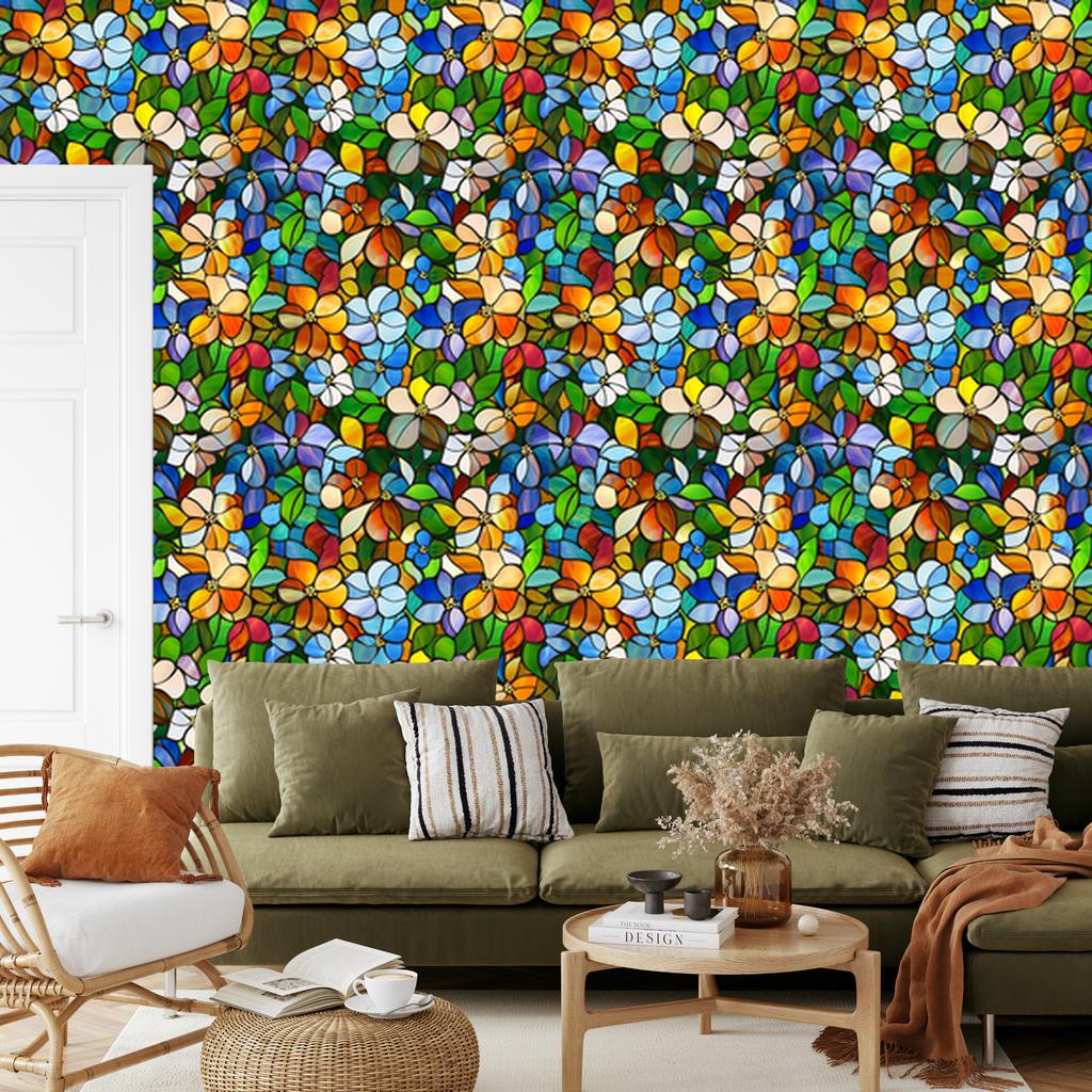 Blue and gold stained glass flowers wallpaper for living room and bedroom 50x1000