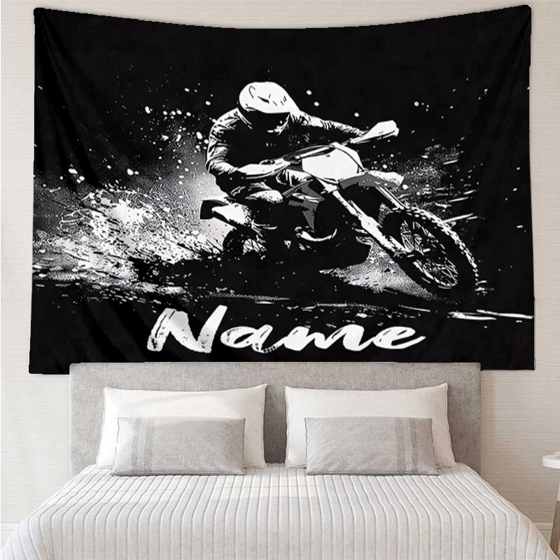 Custom Name Off-road Motorcycles Print Tapestry, Backdrop, Easy Setup, Ideal for Bedroom, Office & Living Room, with Aesthetic Wall Hanging Decor.