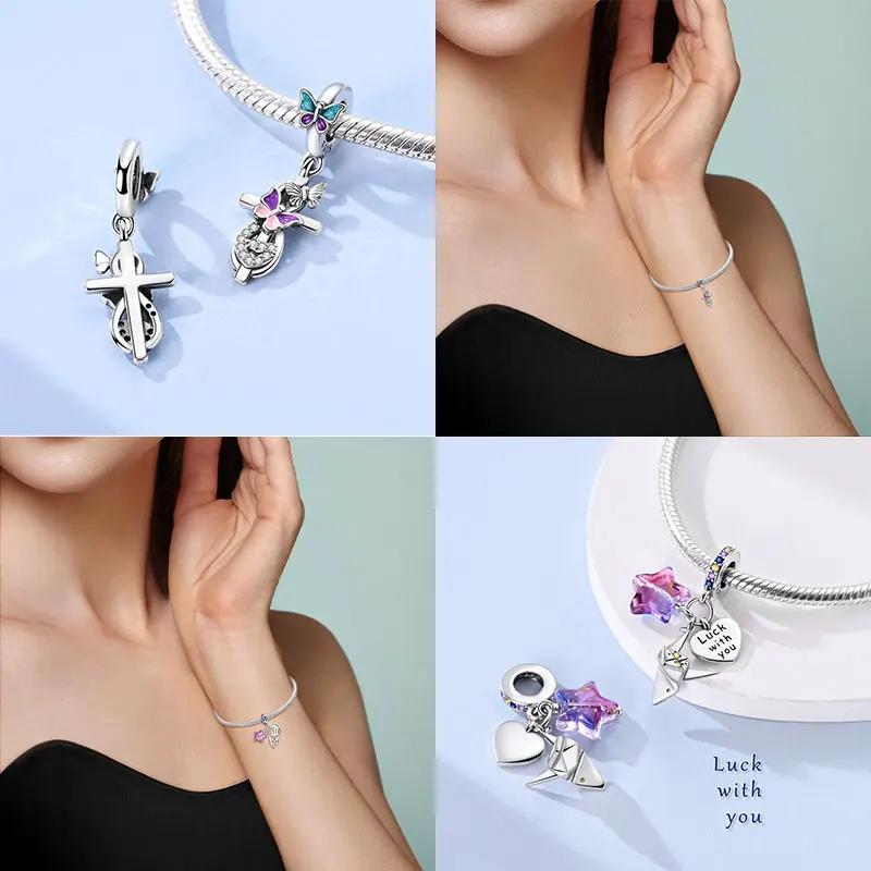 Cute Copper Charms Pink Cat And Dog Playing Snail Charms Beads Pendant Fit Original Bracelet Diy Jewelry For Women