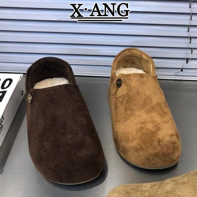 Cowhide version all-inclusive velvet warm lamb wool shoes, new autumn and winter one-pedal cotton shoes