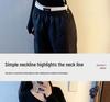 Women's Black V-neck Long-sleeve Slim-fit Thermal T-shirt with Velvet for Autumn/Winter