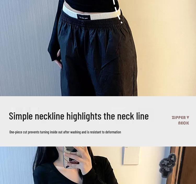 Women's Black V-neck Long-sleeve Slim-fit Thermal T-shirt with Velvet for Autumn/Winter